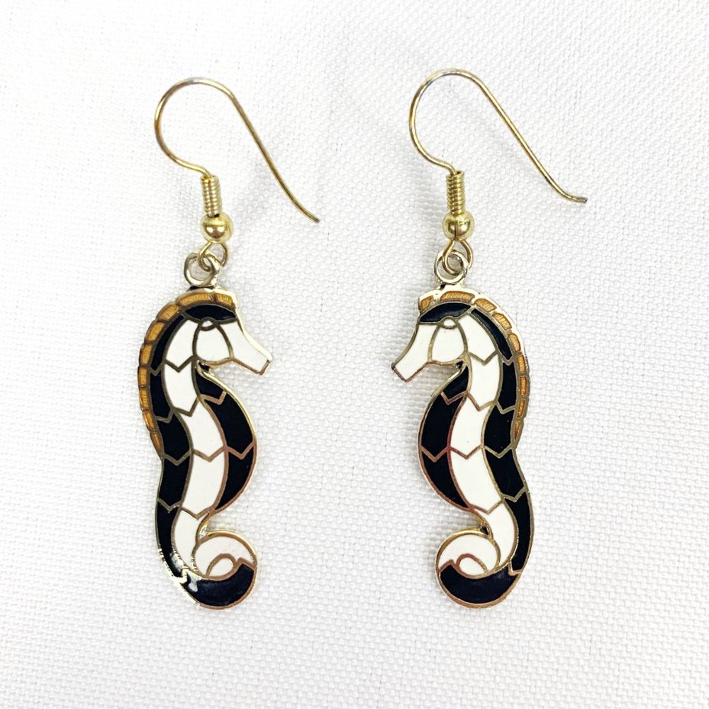 Seahorse Gold Tone Black White Dangle Earrings